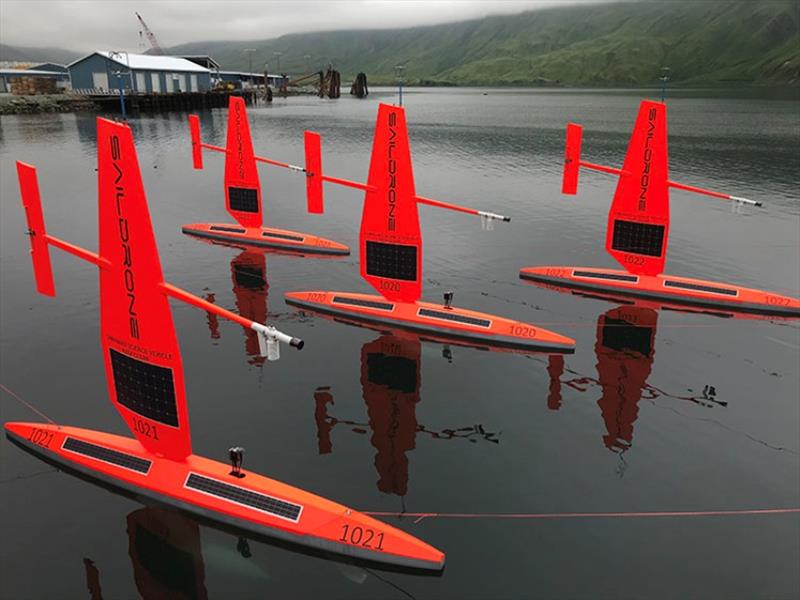 A fleet of saildrones equipped with ASVCO2 instruments in Dutch Harbor, AK, after a mission to measure CO2 and Arctic cod in the Chukchi Sea in 2018 photo copyright Saildrone taken at 