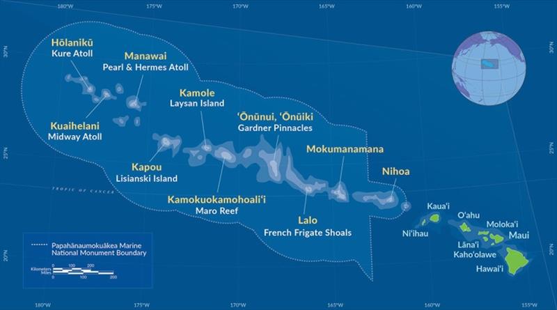 Map of the Northwestern Hawaiian Islands and the Papahanaumokuakea Marine National Monument. Pearl and Hermes Atoll (Manawai), the location of this study, is at the northern reaches of the island chain photo copyright NOAA Fisheries taken at 