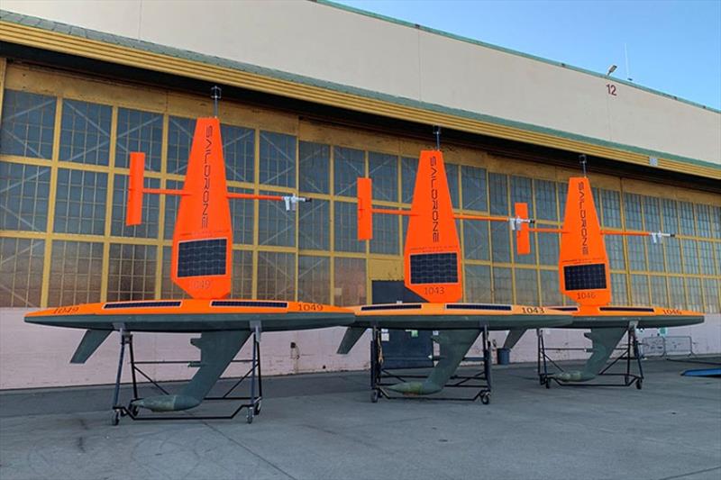 The three Alaska pollock survey saildrones rest on their cradles at Saildrone HQ in Alameda, CA, after sailing more than 6,000 nautical miles from San Francisco to the Bering Sea and back. - photo © Saildrone