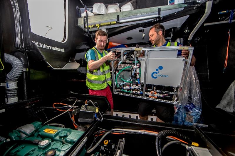 Fitting of the microplastic data equipment on a race boat in The Ocean Race photo copyright Jesus Renedo / Volvo AB taken at 