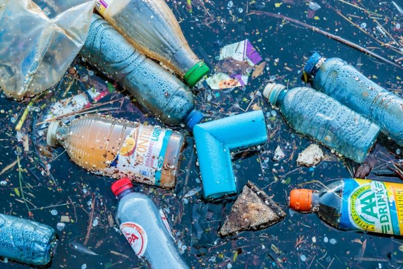 Single-use plastic bottles float in a canal in Amsterdam. According to Oceana analysis, a 10% increase in the share of beverages sold in refillable bottles (capable of being reused 20 to 50 times) could result in a 22% decrease in marine plastic pollution - photo © Shutterstock / Martin Bergsma