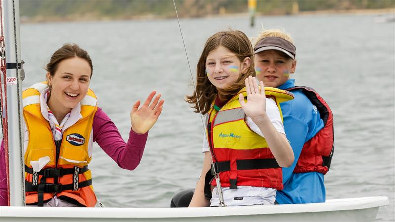 Young girl is Oksana Makohon – Plast Ukrainian Scout from Melbourne. Older girl is Hafiia Nahirniak, from Kyiv. Here to attend Plast Ukrainian Scout Jamboree and visit family. The third girl (skipper) is MYC member Lucy Laverty photo copyright Al Dillon Images taken at Mornington Yacht Club