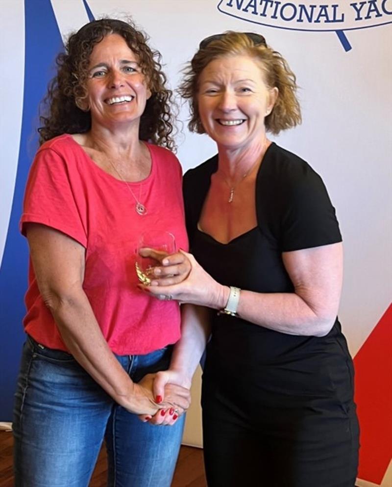 Bretzel Bakery MD Dymphna O'Brien presents Sarah Dwyer (RStGYC) with the prize for 1st Lady, Irish RS Aero Nationals 2023 photo copyright Stephen Oram taken at National Yacht Club, Ireland