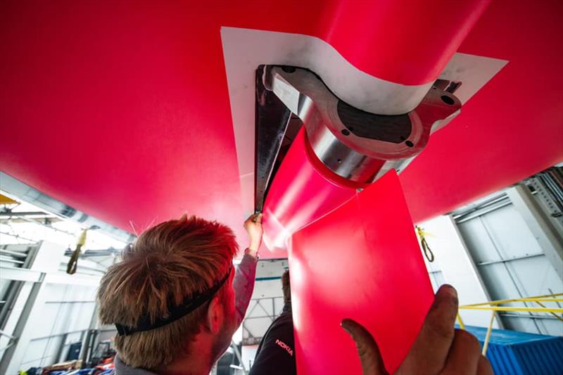 Final fitting of the canting keel and pin - Hugo Boss - Keel and boat repairs following TJV incident - November 4, 2019 - Canary Islands photo copyright Alex Thomson Racing taken at  and featuring the IMOCA class