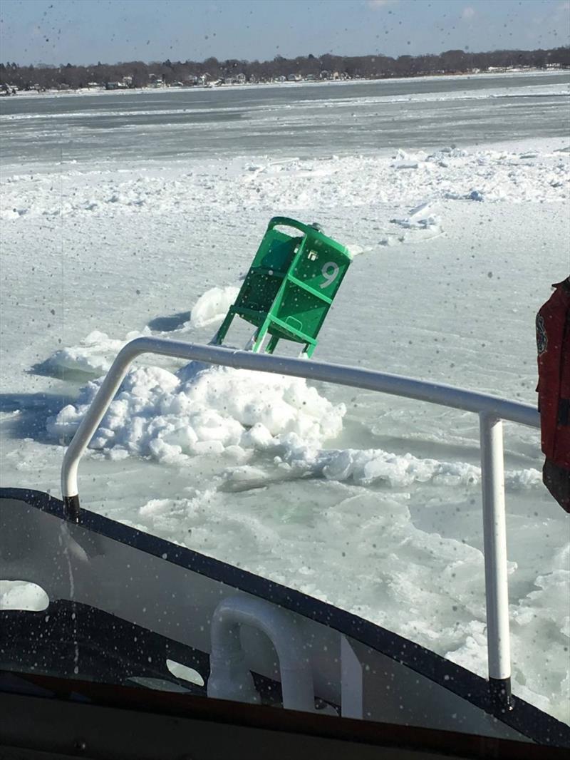 Coast Guard Aids to Navigation Team Bristol approaches a buoy that was knocked off position by ice, Tuesday, Jan. 9, 2018, in the Providence River. The team used their Buoy Utility Stern Loading (BUSL) boat buoy to tow the buoy out - photo © U.S. Coast Guard 