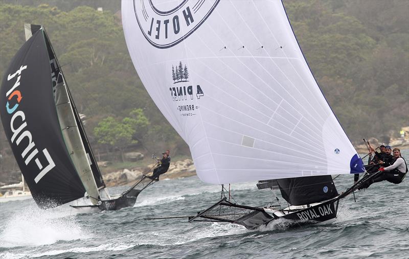 The Oak Double Bay-4 Pines leads Finport Finance into the bottom mark on day 2 of the 18ft Skiff Australian Championship photo copyright Frank Quealey taken at Australian 18 Footers League and featuring the 18ft Skiff class