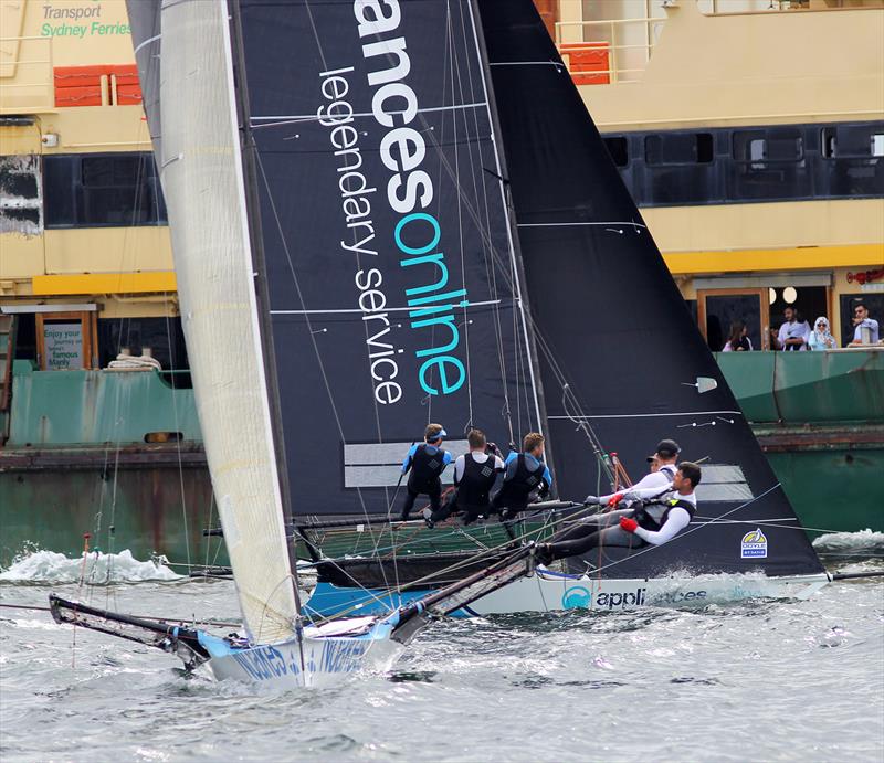 Noakes Blue and Appliancesonline battle with a Sydney Harbour ferry on day 5 of the 18ft Skiff Australian Championship photo copyright Frank Quealey taken at Australian 18 Footers League and featuring the 18ft Skiff class