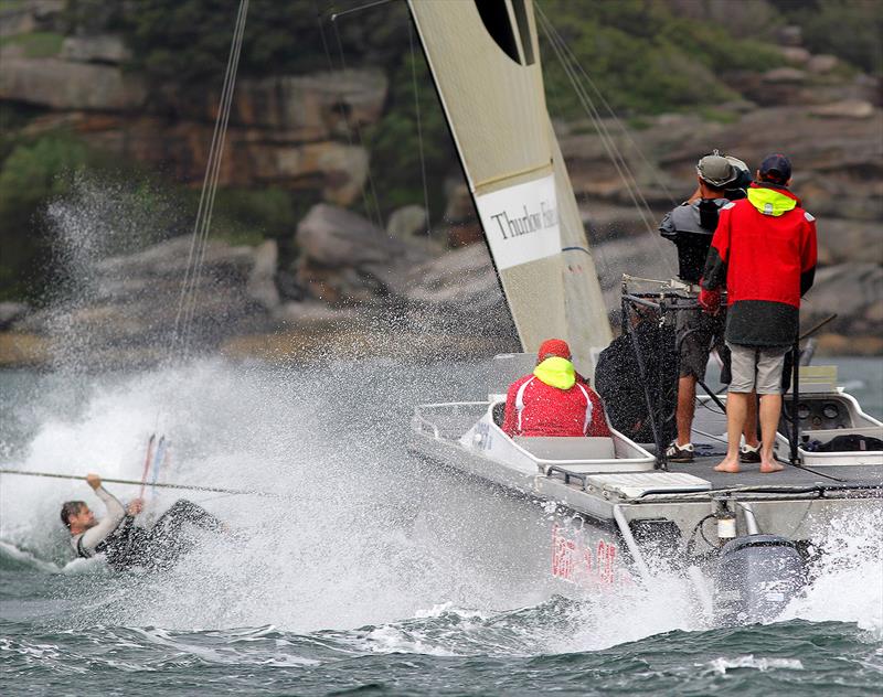 Michael Coxon drives Thurlow Fisher Lawyers into the wind photo copyright Frank Quealey taken at Australian 18 Footers League and featuring the 18ft Skiff class