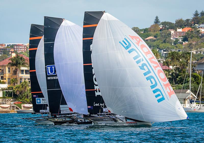 Honda Marine works her way through to leeward - 18ft skiffs - JJ Giltinan Championship - March 17, 2020 - Day 3 - Sydney Harbour photo copyright Michael Chittenden taken at Australian 18 Footers League and featuring the 18ft Skiff class