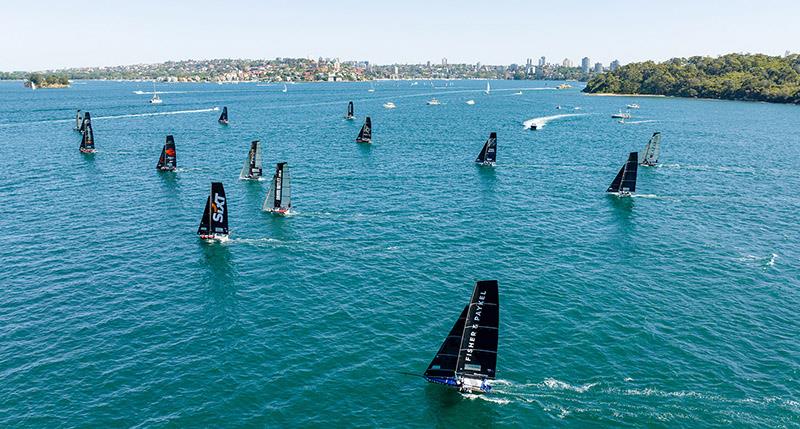 Fleet on the first windward leg of the course photo copyright SailMedia taken at Australian 18 Footers League and featuring the 18ft Skiff class
