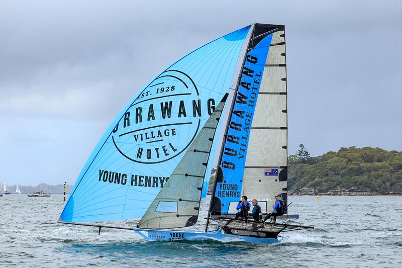 18ft Skiff Australian Championship Race 1: Burrawang-Young Henrys, one of only eleven teams to complete the course in the strong South East wind photo copyright SailMedia taken at Australian 18 Footers League and featuring the 18ft Skiff class