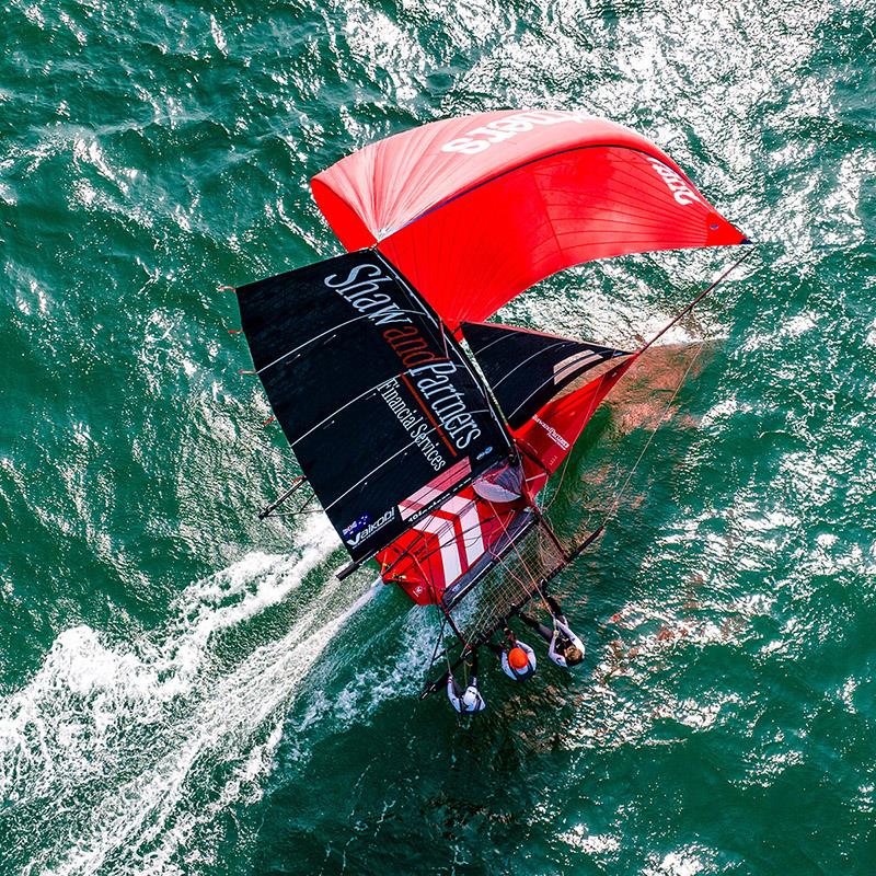 Shaw and Partners on a spinnaker run during the NSW titles photo copyright SailMedia taken at Australian 18 Footers League and featuring the 18ft Skiff class