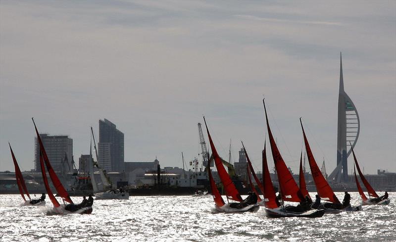 Squib Class towards Spinnaker Tower at the Portsmouth Regatta 2016 photo copyright Russell Peace taken at Hornet Services Sailing Club and featuring the Squib class