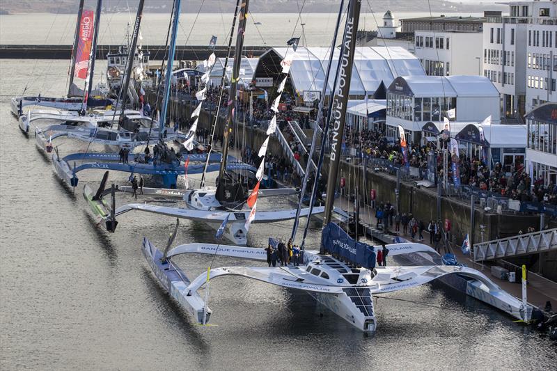 Six Ultim class await the start of the Arkea Ultim Challenge in Brest - January 6, 2023 photo copyright Alexis Courcoux taken at Yacht Club de France and featuring the Trimaran class
