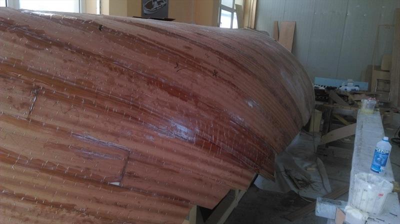 Croatian Gajeta build - staples are evenly spaced across the joins with two more through the plank itself photo copyright Wessex Resins & Adhesives taken at  and featuring the  class