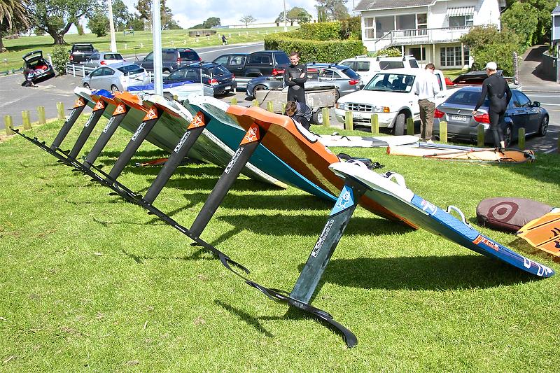 Windfoiler line up after a club race - showing a variety of board shapes from different manufacturers photo copyright Richard Gladwell taken at Wakatere Boating Club and featuring the Windsurfing class