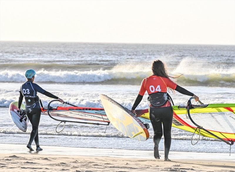 Lisa Kloster and Heidi Jabbari entering the water - 2024 FPT Cape Town in Paternoster photo copyright Protography Official taken at  and featuring the Windsurfing class